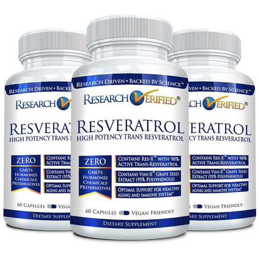 Bottle of Research Verified Resveratrol with label showing 60 capsules per bottle