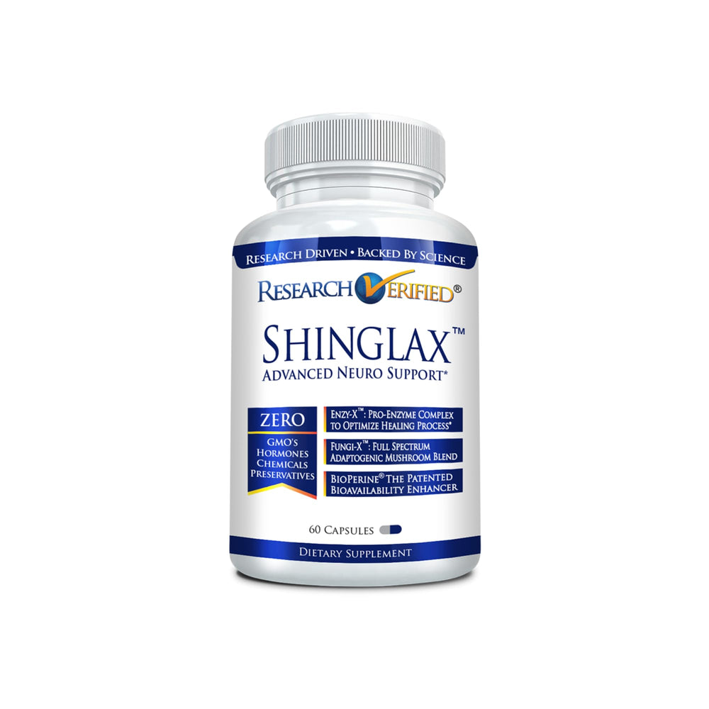 Bottle front view of Research Verified Shinglax 60 capsules
