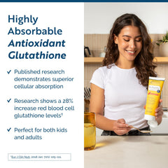 Bottle and packaging showing 20 orange-flavored liposomal glutathione packets
