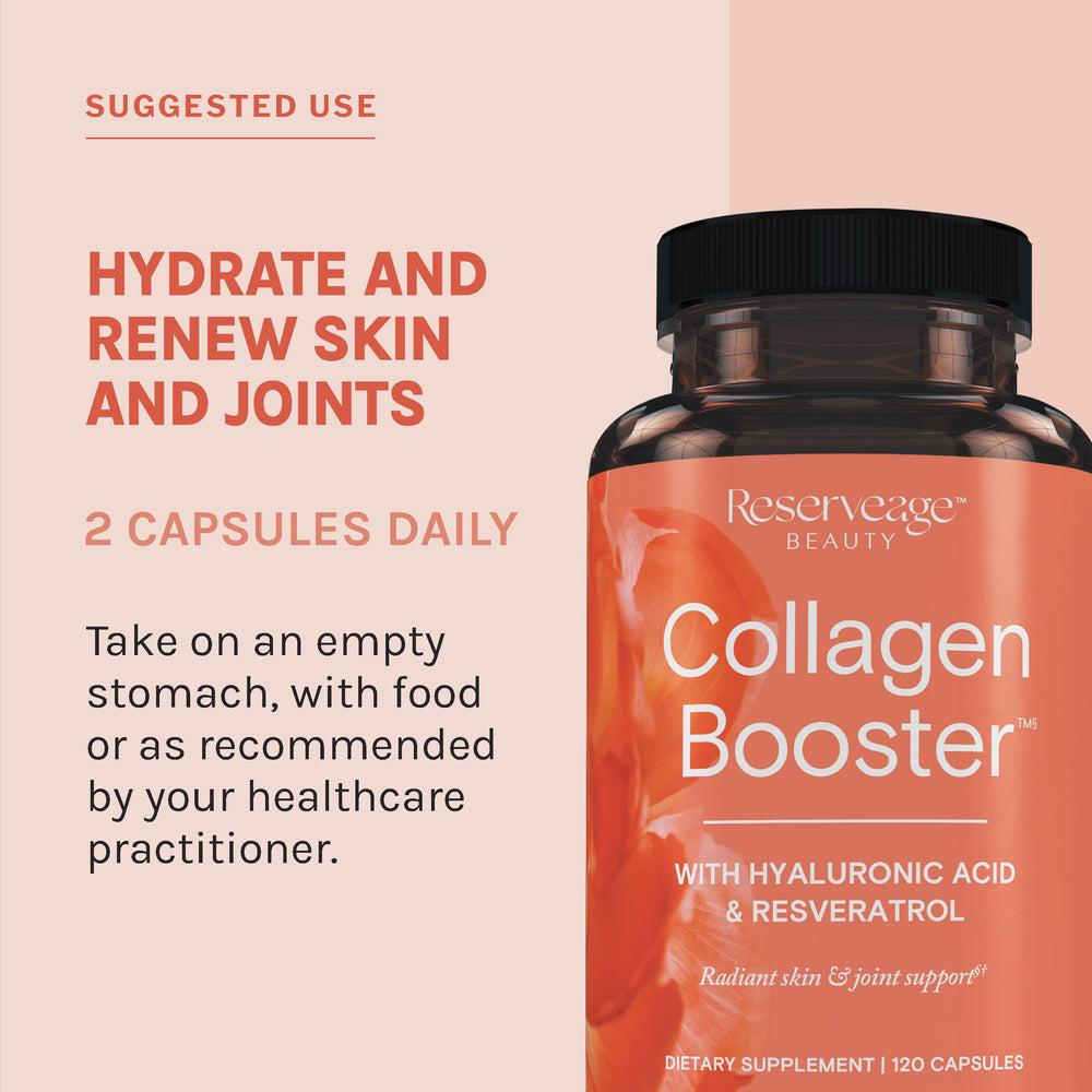Reserveage Beauty Collagen Booster bottle being poured into a spoon for hydration.