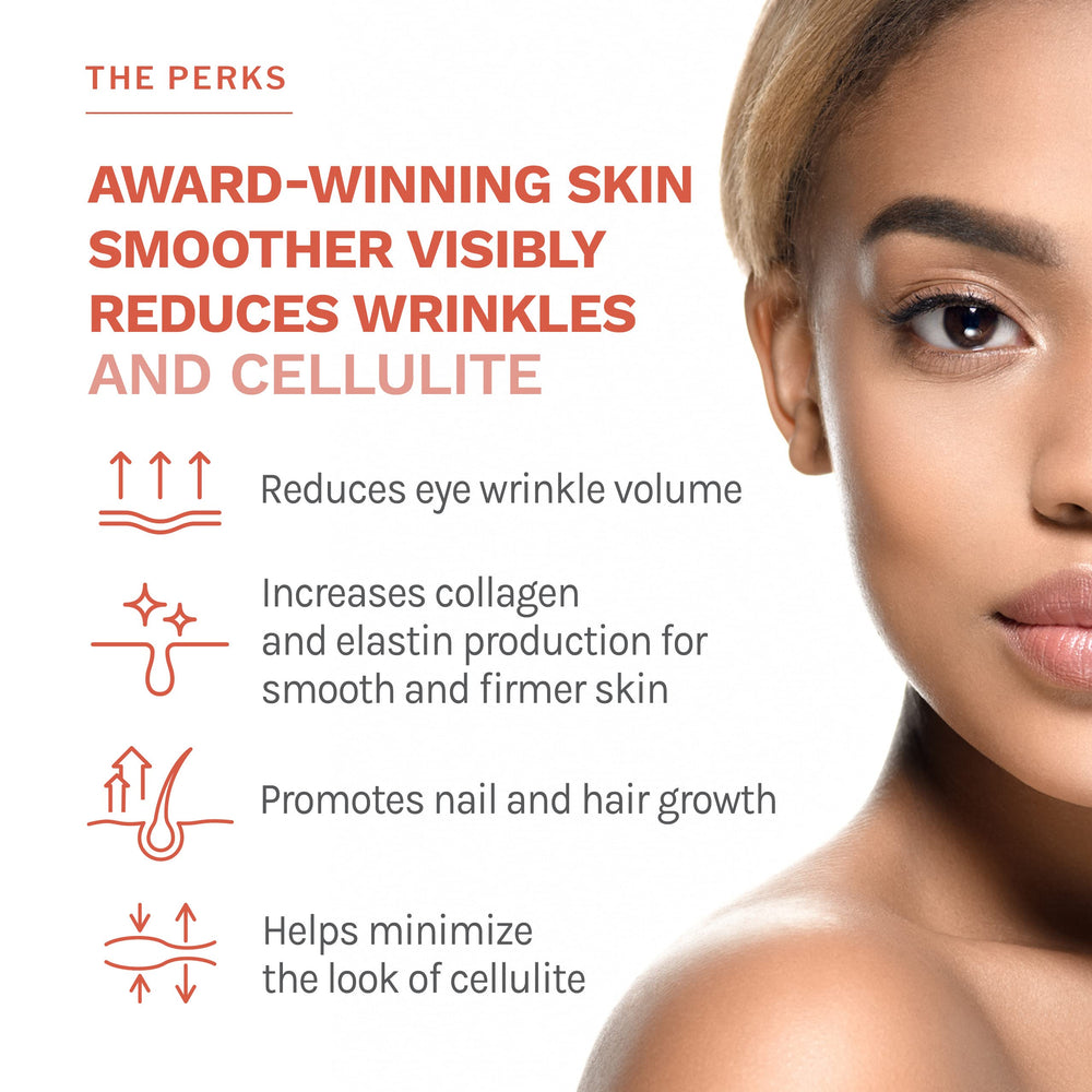 Ingredient panel showing collagen peptides, hyaluronic acid and vitamin C