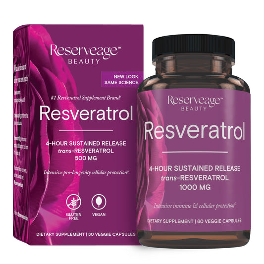 Bottle of Reserveage Beauty Resveratrol 1000 mg supplement