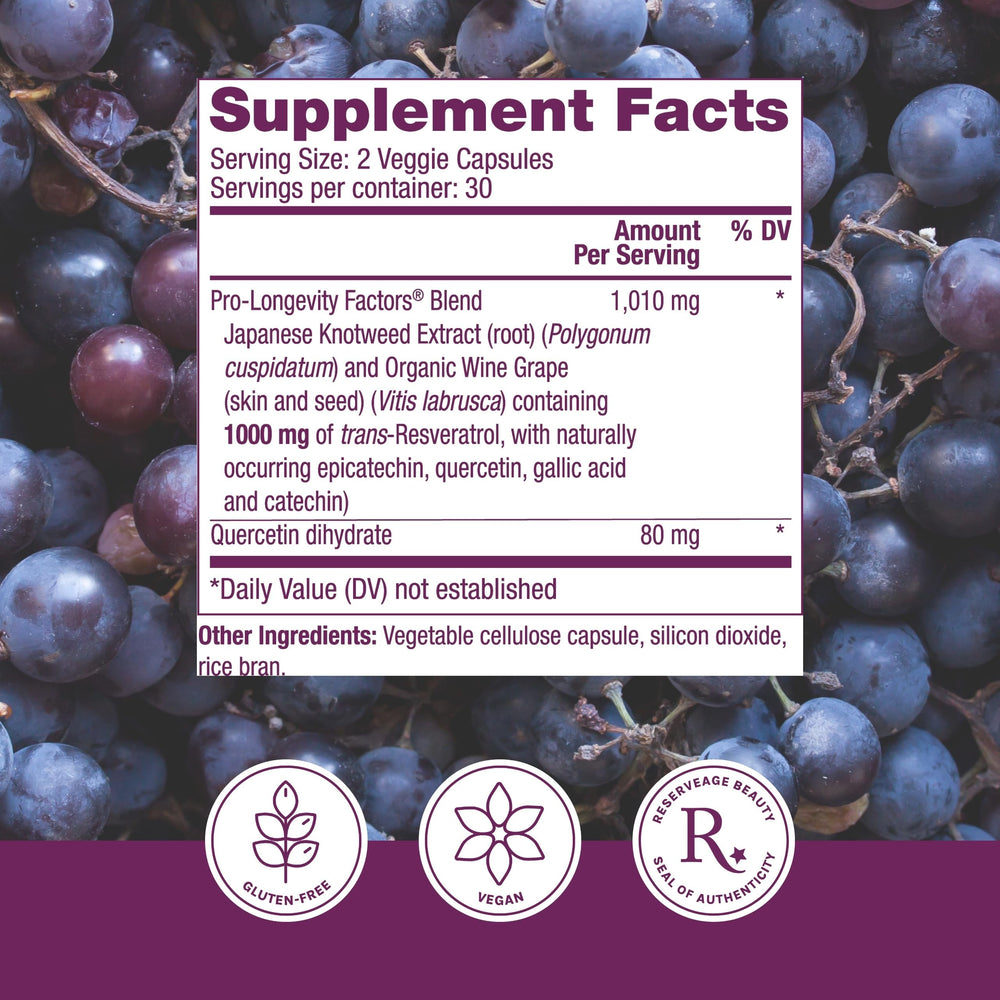 Capsules of vegan, paleo-friendly resveratrol supplement
