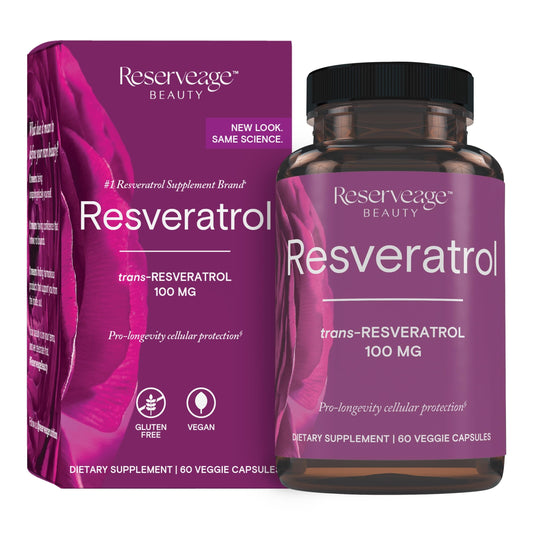 Bottle of Reserveage Beauty Resveratrol 100 mg supplement on white background