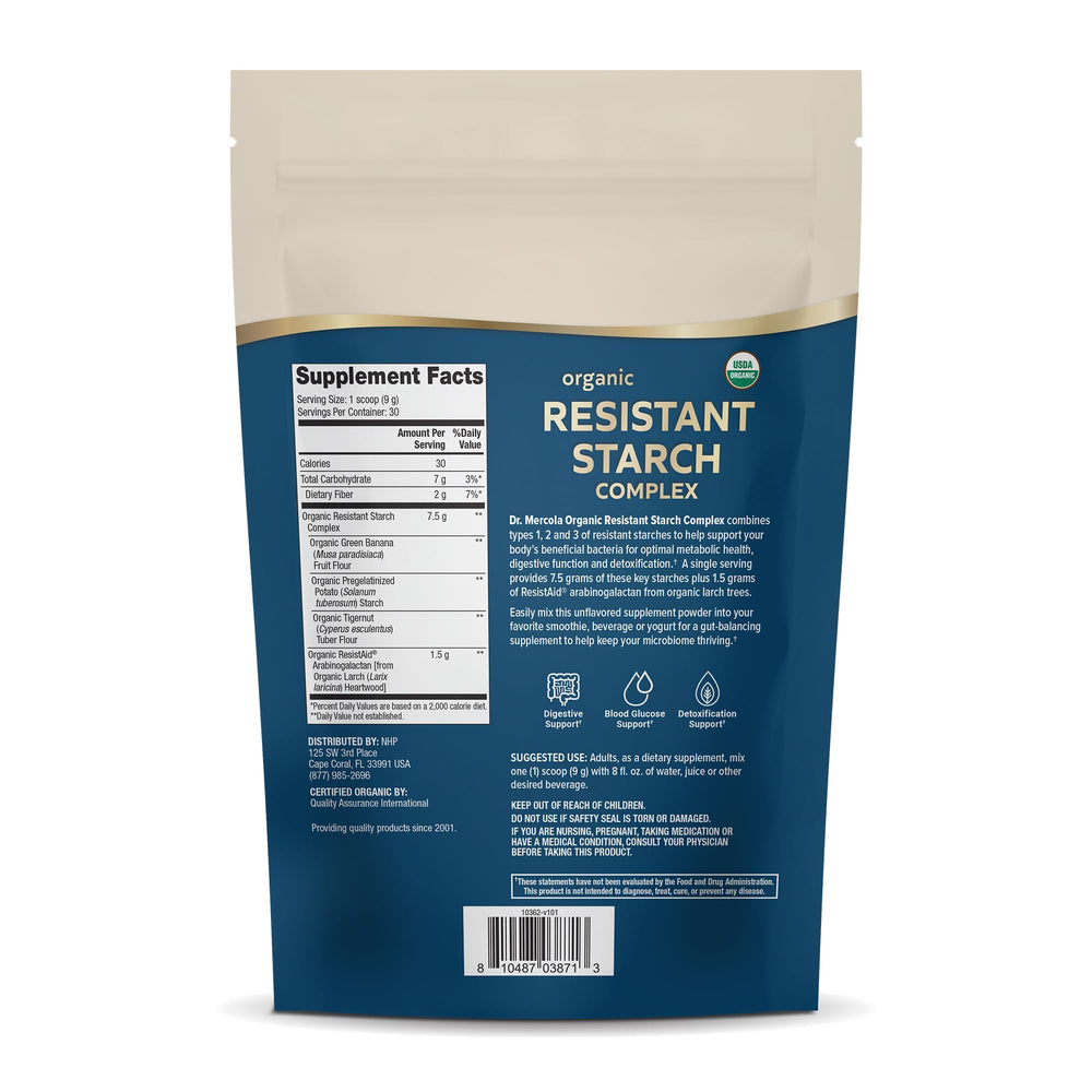 Close-up of resistant starch powder bottle label