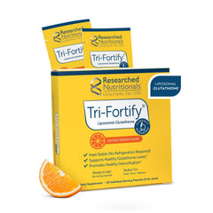Researched Nutritionals liposomal glutathione orange bottle supports daily energy and immune wellness.