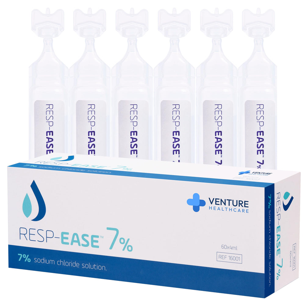 Resp-Ease 7% saline ampoules boxed for convenient single-use nasal care.