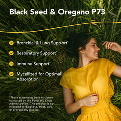 Close-up of key ingredients: black seed oil, oregano oil, juniper and raw honey