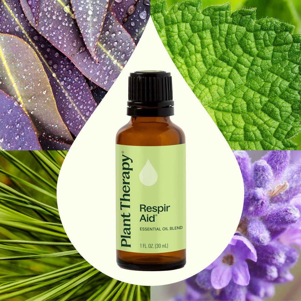 Close-up of Respir Aid label highlighting 100% Pure Essential Oil Blend