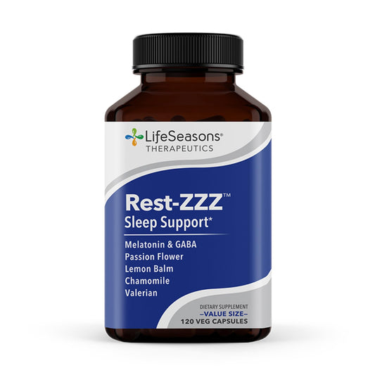 LifeSeasons Rest-ZZZ bottle and capsules on a clean surface