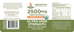 Hemp oil bottle close-up showing 2500mg and Mandarin Orange flavor