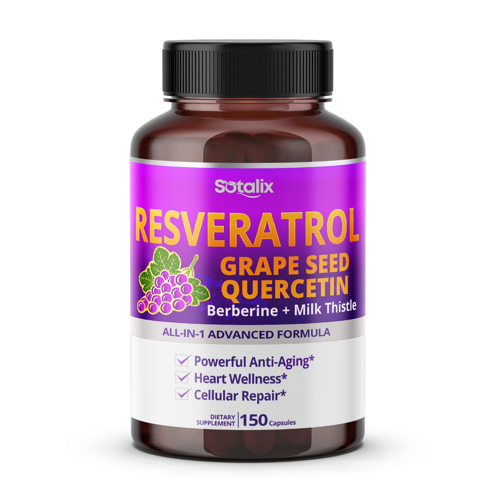 Bottle of Resveratrol with grape seed, quercetin, berberine, and milk thistle - USA Made