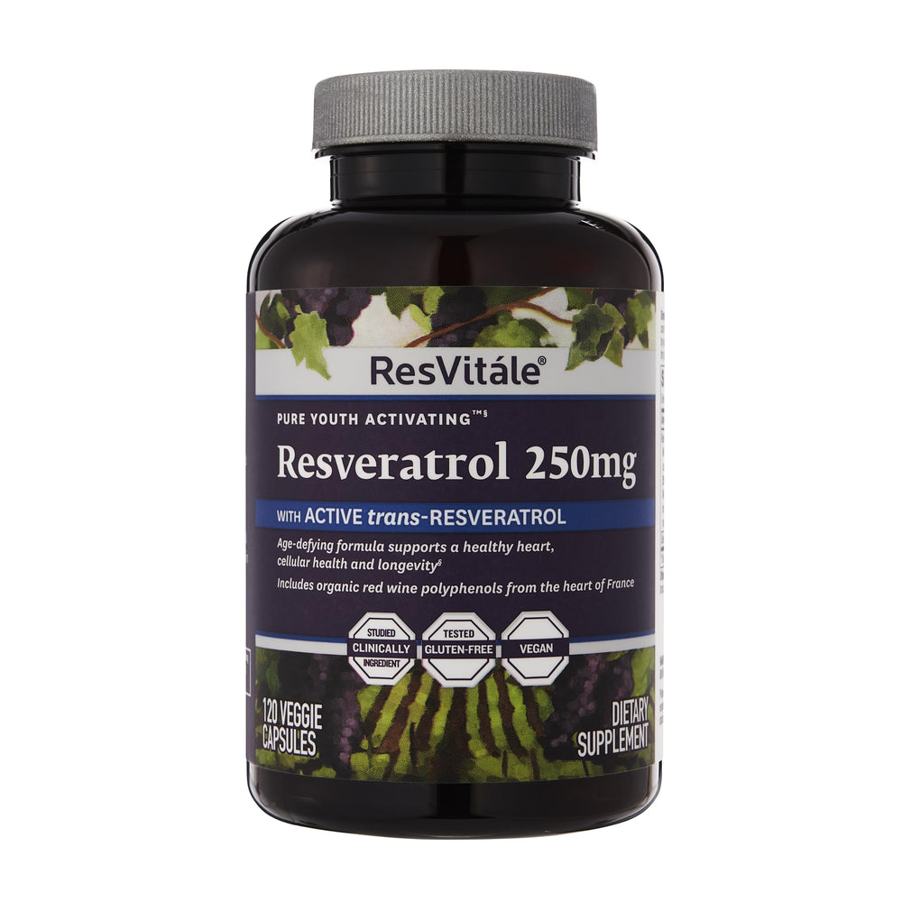 Bottle of ResVitále Resveratrol 250 mg vegetarian capsules