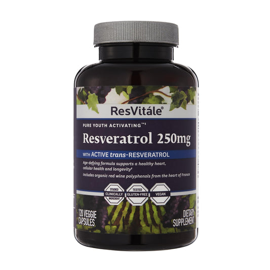 Bottle of ResVitále Resveratrol 250 mg vegetarian capsules