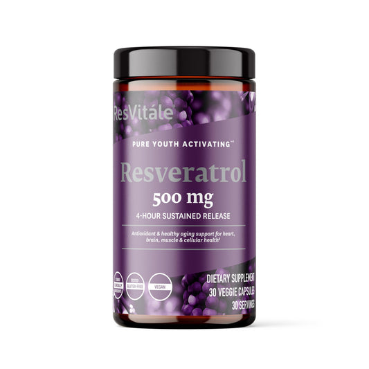 Front view of ResVitale Resveratrol 500 mg bottle