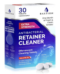 Bastion Retainer Cleaner & Denture Cleanser packaging with 30 effervescent tablets