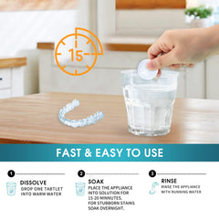 Dentures and partial dentures being cleaned with tablets