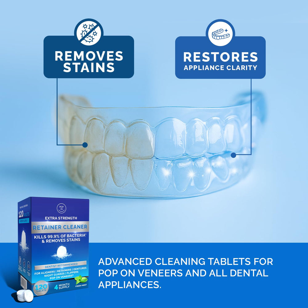 Aligners and night guards being cleaned with retainer cleaner tablets