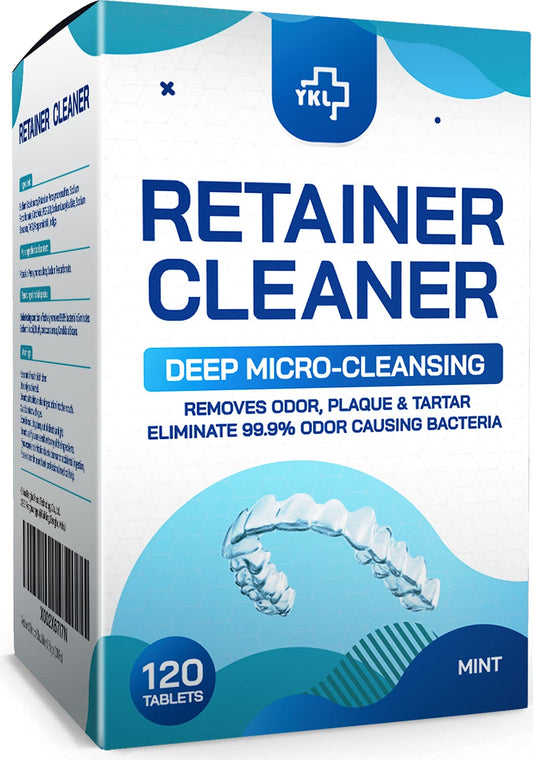 Front view of the 120-piece retainer cleaner tablets packaging