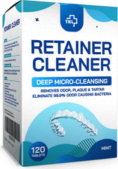 Front view of the 120-piece retainer cleaner tablets packaging