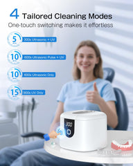 Cleaning retainer, dentures, and aligners in the chamber