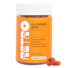 Bottle of RETRO Gummy Glowing Skin Vitamins with peach flavor