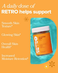 RETRO Gummy Glowing Skin Vitamins bottle and peach-flavored gummies