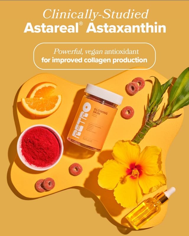 Close-up of peach-flavored RETRO Gummy vitamins for skin health