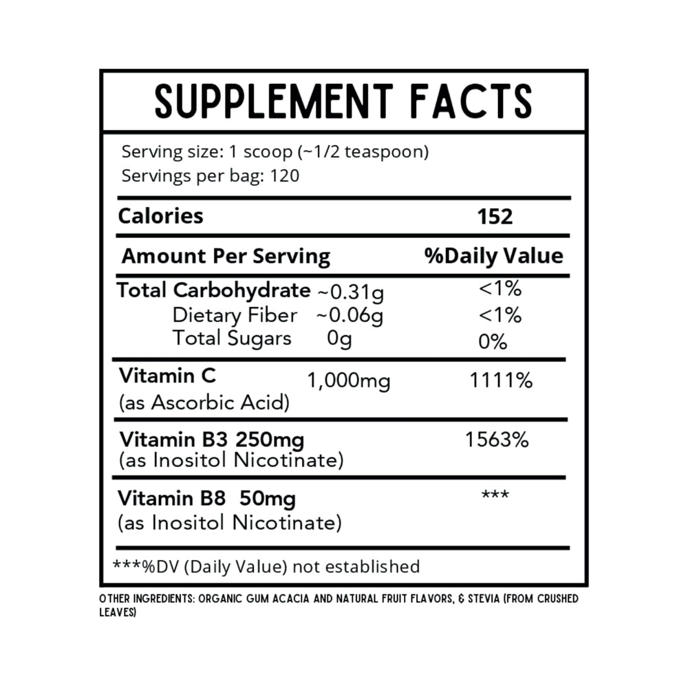 Back label with nutrition facts and ingredients