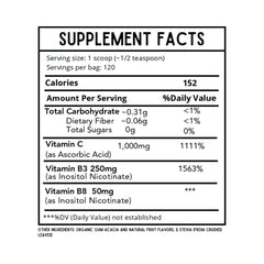 Back label with nutrition facts and ingredients