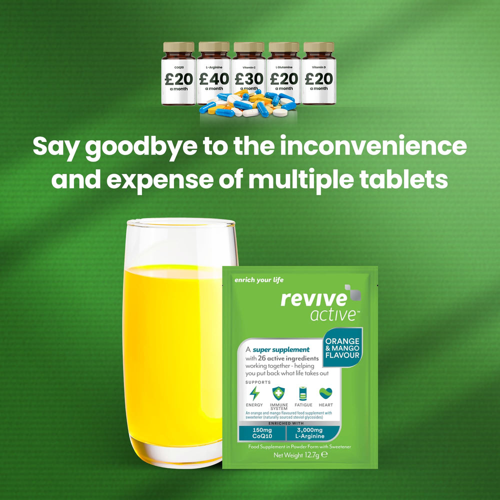 Orange-flavored Revive Active sachet dissolving in water
