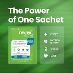 Close-up of Revive Active sachet and glass of water