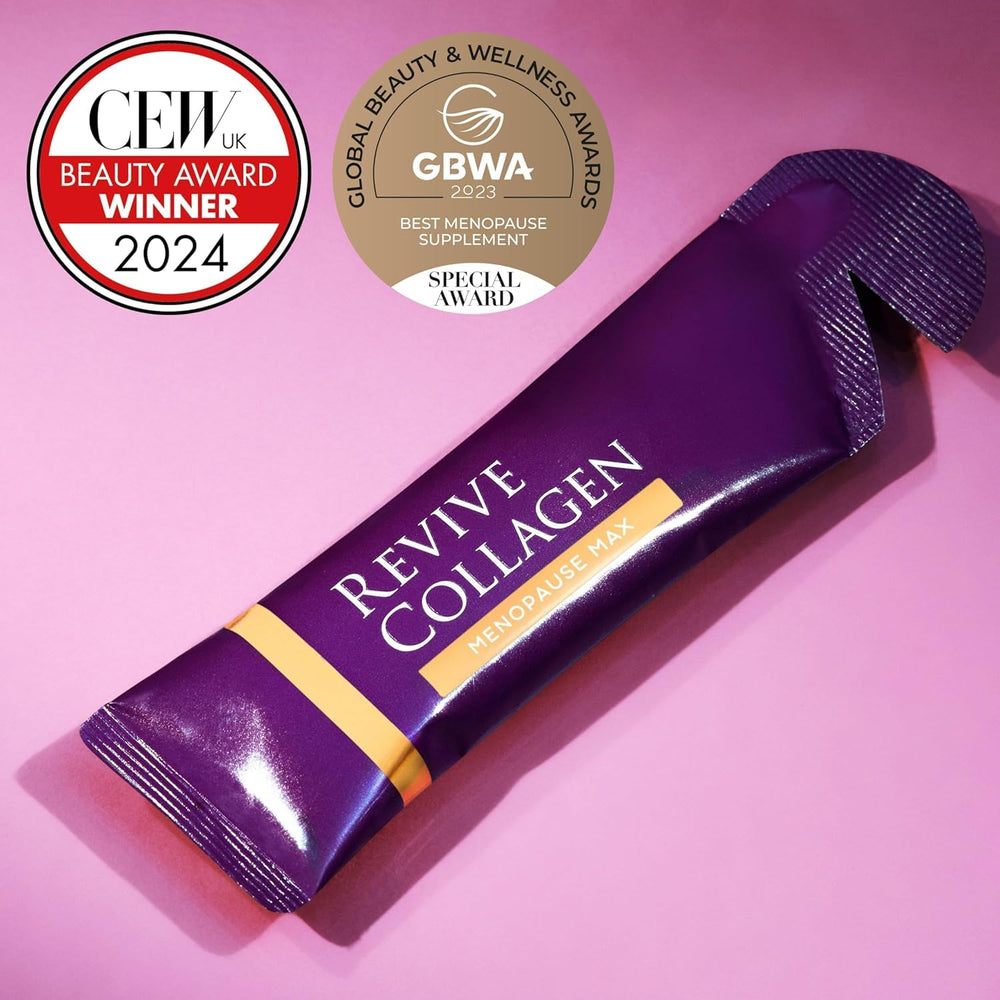 Close-up of Revive Collagen Menopause Drink packaging