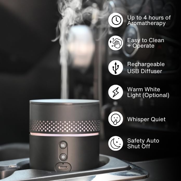 Revive Essential Oils Forte Rechargeable Diffuser close-up shows USB-C power and gentle mist for home or car.