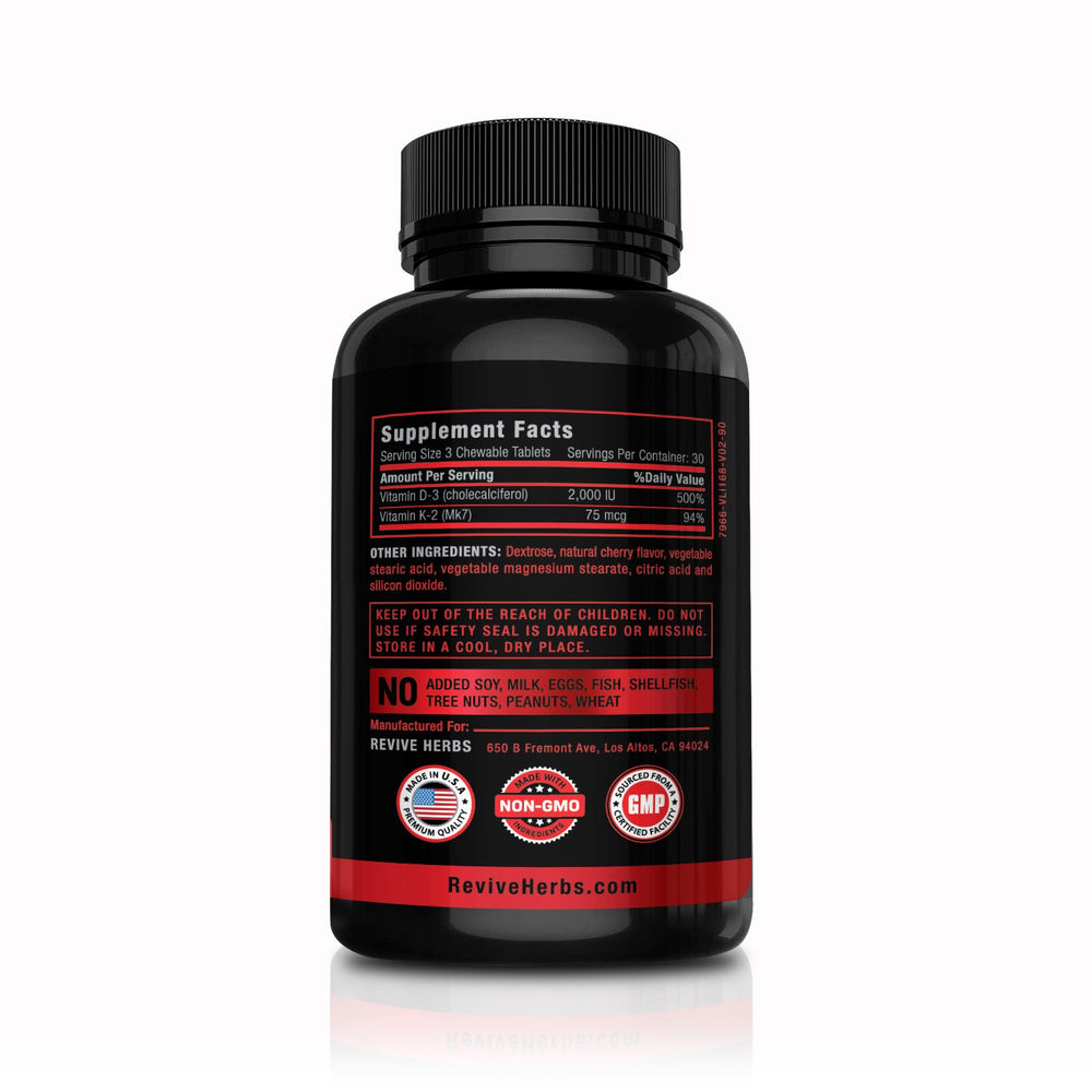Cherry-flavored vitamin K2 (MK7) and D3 chewable tablet close-up with label