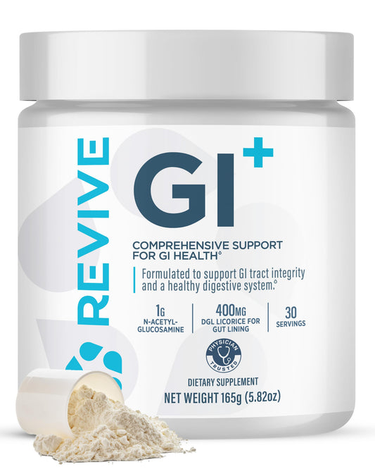 Revive MD GI Plus digestive health supplement bottle showing 30 servings