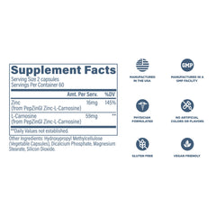 Nutrition facts panel on zinc carnosine bottle