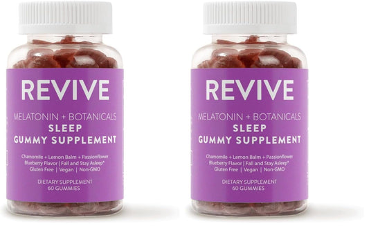 REVIVEEO Melatonin & Botanicals Sleep Gummies bottle with blueberry flavor