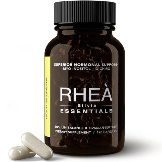 Front view of RHEA Essentials Myo-Inositol & D-Chiro Inositol bottle showing 40:1 ratio