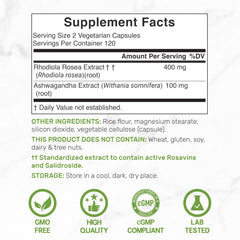 Ingredients panel showing Rhodiola Rosea and Ashwagandha bioactives Rosavins and Salidrosides