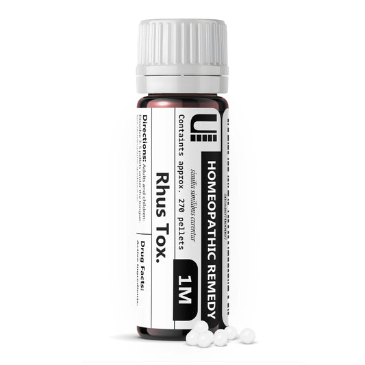 Front view of Rhus Toxicodendron 1M Homeopathic Remedy bottle with 270 pellets