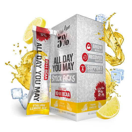 Rich Piana AllDayYouMay BCAA Powder tub in Italian Lemon Ice flavor