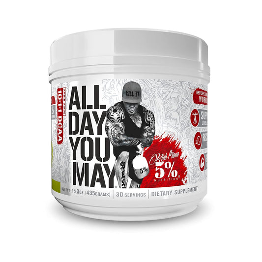 Container of Rich Piana AllDayYouMay BCAA powder Lemon Lime flavor