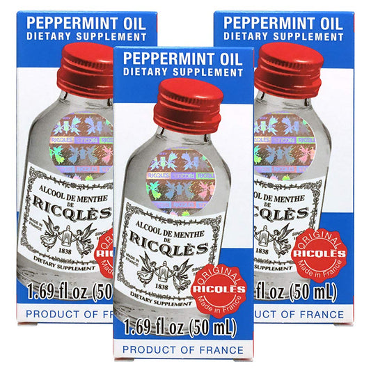 Three-bottle Ricqles Peppermint Oil dietary supplement package