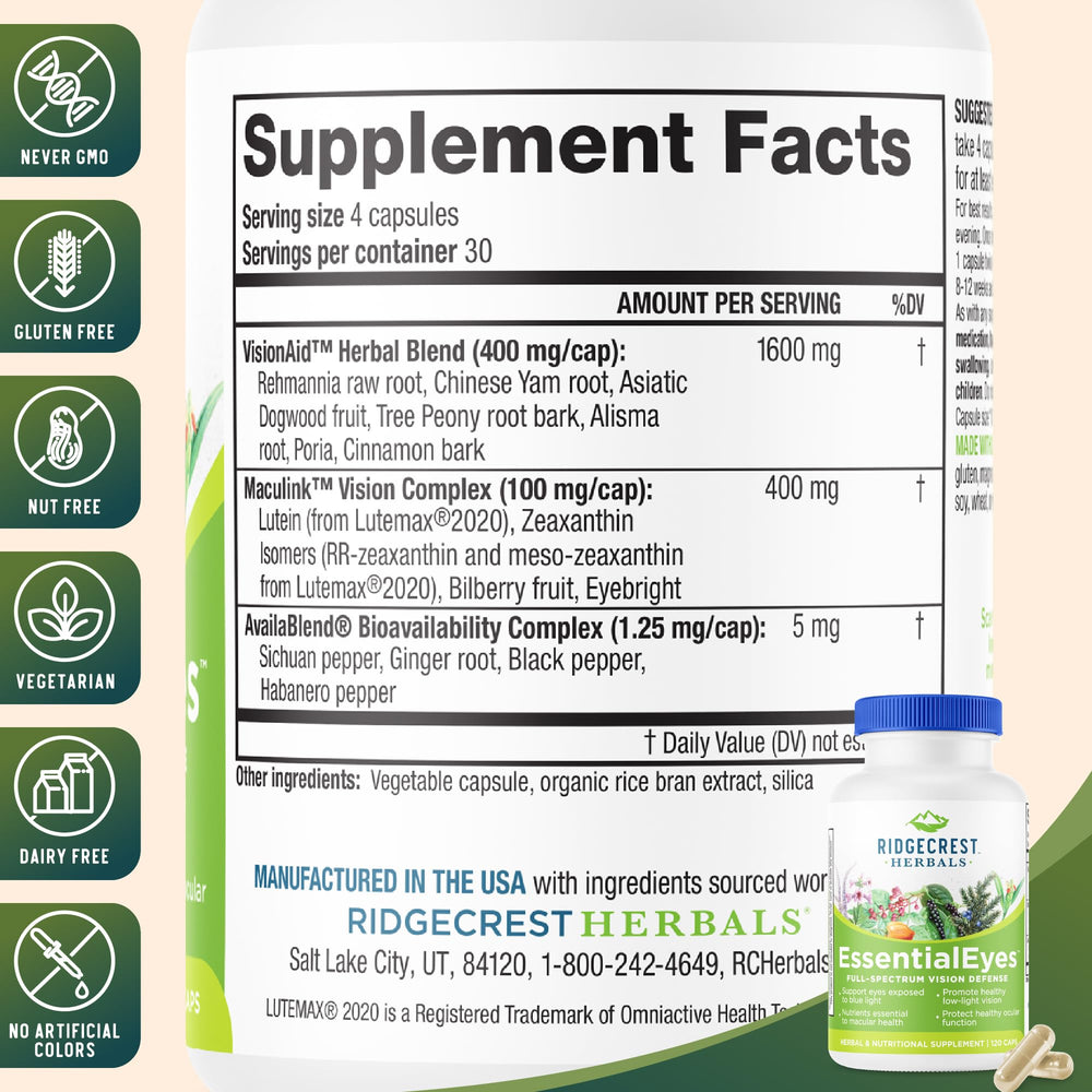 EssentialEyes ingredients overview featuring Bilberry and Lutemax2020