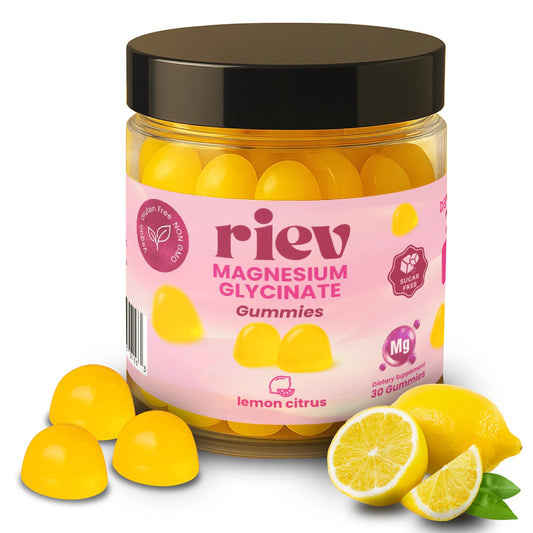 Hero image featuring Riev Magnesium Glycinate Gummies 200mg Lemon Citrus flavor