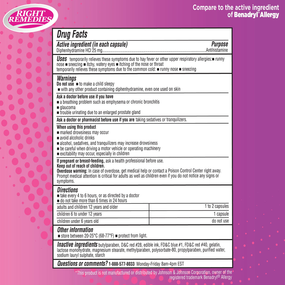 Right Remedies diphenhydramine HCl 25mg bottle highlights antihistamine relief for runny nose.