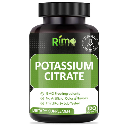 Rimo Nutrition Potassium Citrate Supplement bottle label - 120 servings