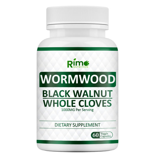 Bottle of Rimo Nutrition Wormwood, Black Walnut & Clove Capsules