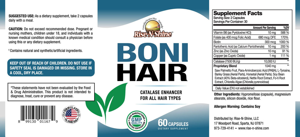 Ingredients listed on BoniHair Catalase bottle: Saw Palmetto, Biotin, Fo-Ti, PABA